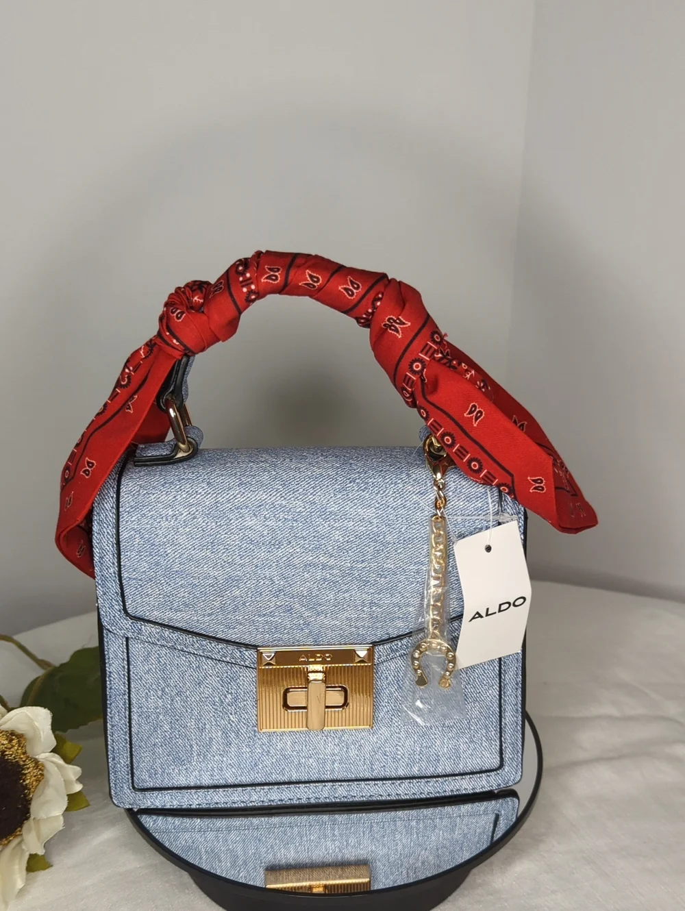 ALDO Light Blue Denim Print Leather Satchel with Red Scarf and Gold Hardware